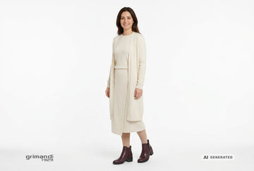 Stivaletti Melluso donna indossati con cardigan lungo, maglia girocollo in jersey di lana e gonna midi a portafoglio panna. Outfit 1