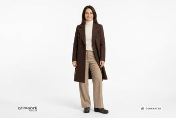 Stivaletti Melluso donna indossati con cappotto lana cioccolato, dolcevita cashmere crema e pantaloni flanella beige. Outfit 1