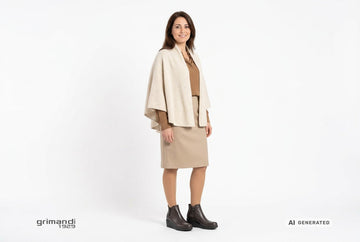 Stivaletti Melluso donna indossati con mantella cashmere panna, sottogiacca nocciola e gonna al ginocchio in lana sabbia. Outfit 2