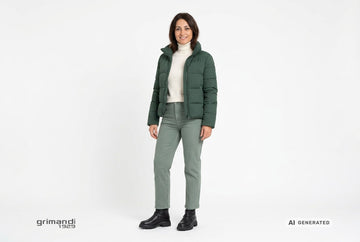 Stivaletti Melluso donna indossati con giacca tecnica verde bosco, dolcevita merino panna e jeans dritti salvia. Outfit 1