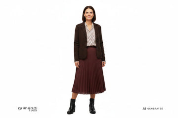 Outfit 2 – Blazer knitted cioccolato con camicia viscosa crema e gonna midi bordeaux merlot - AI-Generated Model