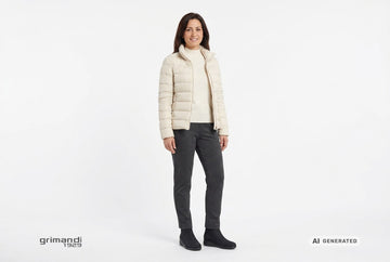 Stivaletti Melluso donna indossati con giacca trapuntata crema, maglia merino panna e pantaloni jersey antracite. Outfit 1