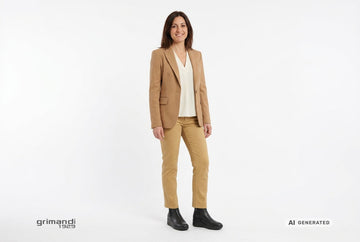 Stivaletti Melluso donna indossati con blazer lana cammello, blusa crema e jeans sartoriali sabbia dorata. Outfit 1