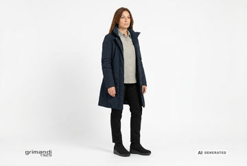 Stivaletti Melluso donna indossati con trench blu notte, camicia lana a microquadri grigio perla e panna e chino neri. Outfit 2