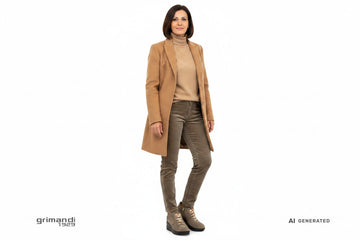 Melluso sneaker camoscio beige tortora logo M lacci metallizzati oro zeppa total black Outfit ufficio pantalone velluto coste tortora dolcevita lana cappotto sartoriale - AI-Generated Model