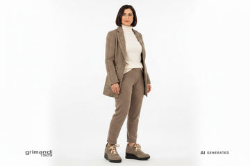 Melluso sneaker camoscio beige tortora logo M lacci metallizzati oro zeppa total black Outfit passeggiata pantalone cashmere tortora dolcevita avorio tucked-in giacca tweed punto vita - AI-Generated Model
