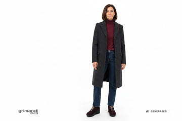 Melluso sneaker camoscio bordeaux logo M lacci animalier leopard zeppa total black Outfit città jeans indigo dolcevita bordeaux cappotto lungo lana foderato impeccabile - AI-Generated Model