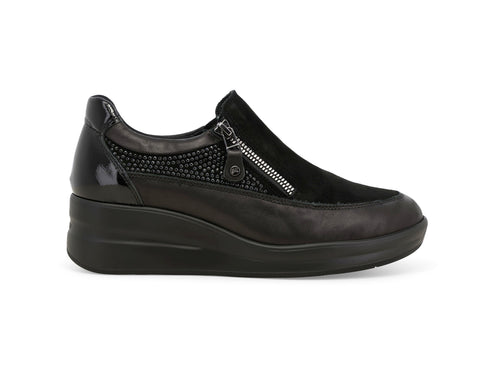 Melluso Slip-on Donna Nera in Pelle e Camoscio con Zeppa, Zip e Strass R25657Z-254550