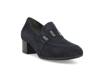 Melluso Women's Suede Loafer in Midnight Blue with Heel and Rhinestones