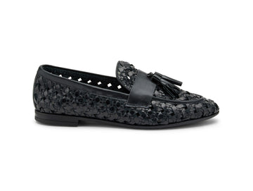 Frau Mocassini Tacco Basso con Nappine Pelle Intrecciata Nera 95F6-BLACK