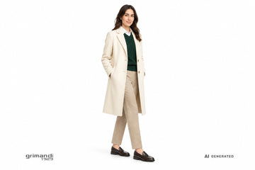 Mocassini NeroGiardini donna indossati con pantaloni in lana sabbia, maglia cashmere verde bosco e cappotto panna. Outfit 1