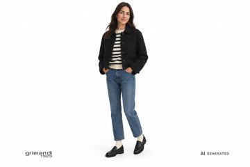 Mocassini NeroGiardini donna indossati con jeans dritti, calzini avorio, maglia marinière e giacca boxy nera. Outfit 2