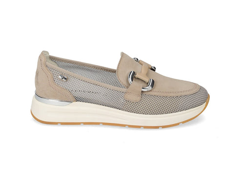 Valleverde Mocassino Donna in Suede Ecru e Tessuto Traforato 36041A