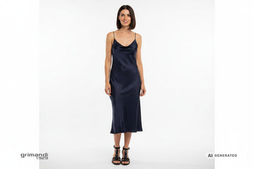 Donna italiana 32 anni abito midi seta sandali neri NeroGiardini sfondo bianco - AI-Generated Model