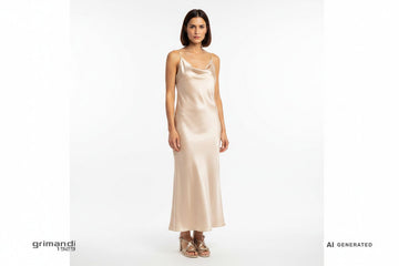 Sandali NeroGiardini E615753D-434 metallizzati champagne abbinati ad abito lungo seta champagne sfondo bianco - AI-Generated Model