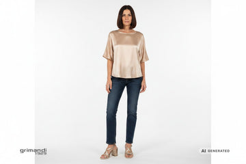 Sandali NeroGiardini E615753D-434 metallizzati champagne abbinati a jeans scuro e top satin sfondo bianco - AI-Generated Model