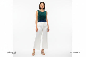 Donna italiana 32 anni sandali beige NeroGiardini pantalone palazzo bianco seta sfondo bianco - AI-Generated Model