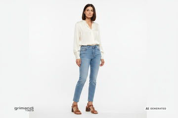 Sandali NeroGiardini E615870D-329 cuoio tacco stabile abbinati a jeans denim chiaro e blusa seta sfondo bianco - AI-Generated Model