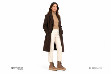 Stivaletti NeroGiardini donna indossati con pantaloni in lana panna, dolcevita cashmere cammello e cappotto cioccolato. Outfit 1