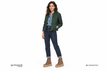 Stivaletti NeroGiardini donna indossati con jeans indaco risvoltati, camicia denim e giacca trapuntata verde bosco. Outfit 2