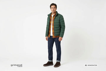 Polacchini FRAU uomo indossati con jeans indaco risvoltati, t-shirt bianca, overshirt ocra e ruggine e piumino verde bosco. Outfit 2