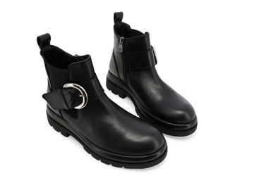 Melluso Women's Black Leather Ankle Boot with Maxi Buckle and Tread
