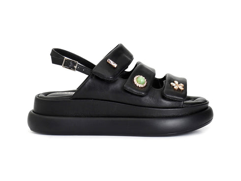 CafèNoir Sandalo Donna Platform con Bottoni Gioiello e Velcro Nero c1hb4002