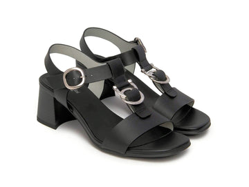 NeroGiardini Women's Black Leather Sandals with Metallic Rings