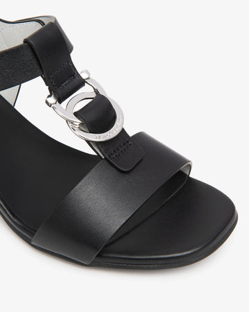 NeroGiardini Women's Black Leather Sandals with Metallic Rings