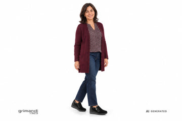 Scarpe accollate Valleverde donna indossate con jeans blu scuro, blusa geometrica e cardigan lungo in maglia bordeaux. Outfit 2