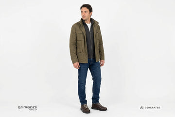 Scarpe alte FRAU uomo indossate con jeans scuri, t-shirt bianca, felpa zip antracite e giacca utility in tela oliva. Outfit 2