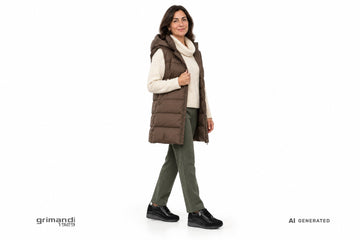 Stringate Valleverde donna indossate con pantaloni in punto Milano verde salvia, maglia di lana panna e gilet lungo fango. Outfit 1