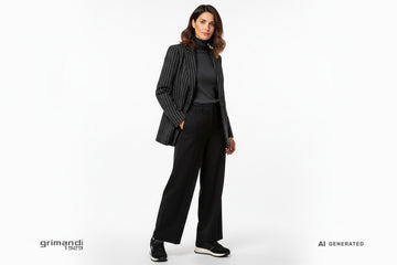 Sneaker SUN68 indossate con pantalone wide-leg nero, dolcevita cashmere antracite e blazer over gessato. Outfit 1