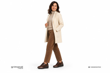 Scarpe Valleverde donna indossate con pantaloni in velluto cammello, maglia merino biscotto e cappotto in panno panna. Outfit 1