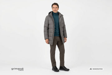 Scarpe Valleverde uomo indossate con fustagno tortora, dolcevita merino ottanio e piumino a tre quarti fumo. Outfit 1