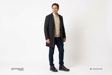 Scarpe Valleverde uomo indossate con jeans scuri, camicia a microquadri avorio e azzurri, maglia lana sabbia e cappotto antracite. Outfit 2