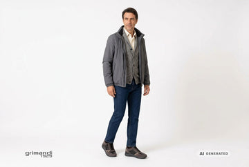 Scarpe Valleverde uomo indossate con jeans blu scuro, camicia cotone avorio, cardigan grigio melange e giacca fumo. Outfit 2