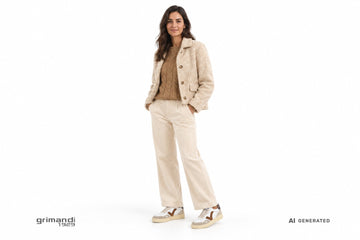 Sneakers Victoria donna indossate con pantaloni in velluto panna, maglione cammello e giacca bouclé. Outfit 1