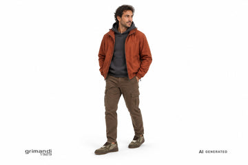 Sneakers Victoria uomo indossate con cargo in cotone fango, felpa antracite e giacca a vento ruggine. Outfit 1