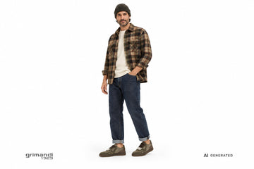 Sneakers Victoria uomo indossate con jeans scuri risvoltati, t-shirt panna, overshirt in flanella a quadri e berretto scuro. Outfit 2