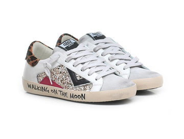 4B12 Women's Sneakers Suprime Written Sole Leather Upper Glitter