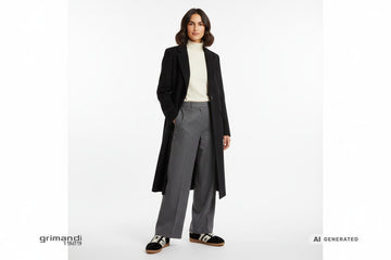 Sneakers Back 70 donna indossate con pantalone lana grigio fumo, dolcevita cashmere panna e cappotto nero monopetto lungo. Outfit 1