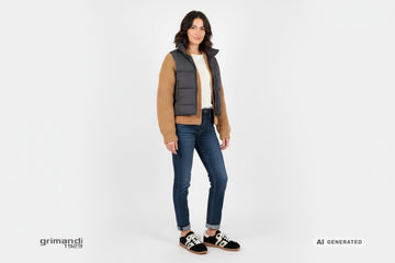 Sneakers Back 70 donna abbinate a jeans indaco con risvolto, cardigan cammello oversize e piumino corto opaco. Outfit 2