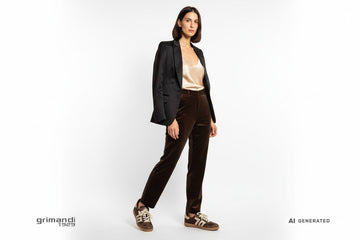 Sneakers Back 70 donna calzate con pantalone velluto marrone, top seta champagne e blazer nero sulle spalle. Outfit 1