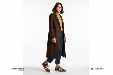 Sneakers Back 70 donna abbinate a jeans indaco cropped, dolcevita cashmere cammello e cappotto panno cioccolato lungo. Outfit 2