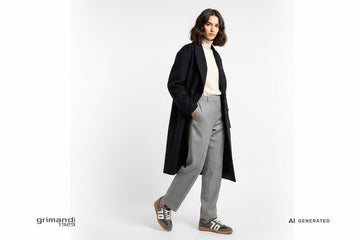 Sneakers Back 70 donna calzate con pantalone flanella grigio melange, dolcevita cashmere panna e cappotto over doppiopetto scuro. Outfit 1