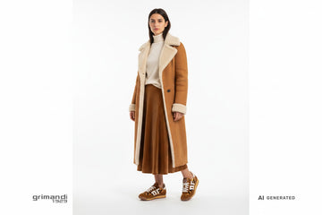 Sneaker Back 70 donna indossate con gonna velluto tabacco, dolcevita panna e cappotto shearling lungo. Outfit 1