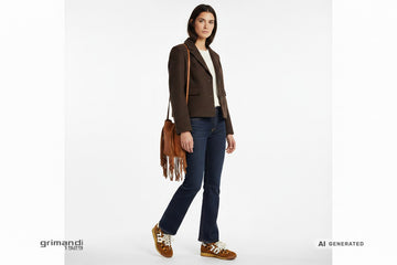 Sneaker Back 70 donna indossate con jeans flare indaco, giubbotto panno moka e borsa a frange. Outfit 2