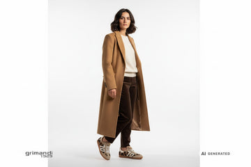 Sneakers Back 70 donna calzate con pantalone velluto cioccolato, maglia merino panna e cappotto cammello sartoriale lungo. Outfit 1