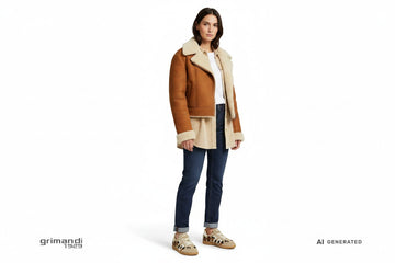 Sneakers Back 70 donna abbinate a jeans indaco con risvolto, camicia velluto sabbia e montone corto scamosciato. Outfit 2